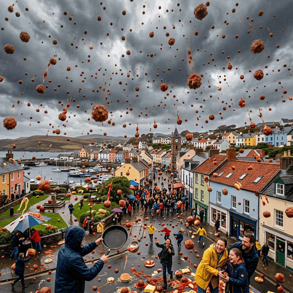 Coastal town under raining meatballs; storefronts read The Griddle and Meatball Diner